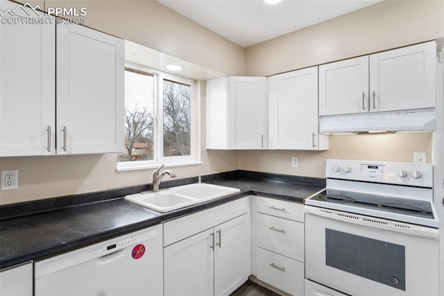 kitchen featuring white cabinetry, white appliances, and sink