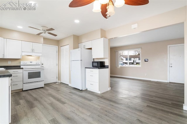 kitchen with ceiling fan, white appliances, light wood-type flooring, and white cabinets