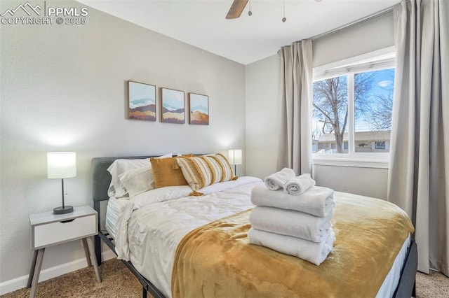 carpeted bedroom featuring ceiling fan