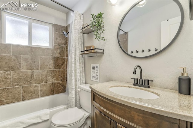 full bathroom with vanity, toilet, and shower / bath combo with shower curtain