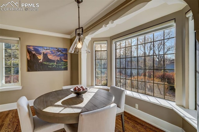 dining room featuring ornamental molding, dark wood-style flooring, and a wealth of natural light