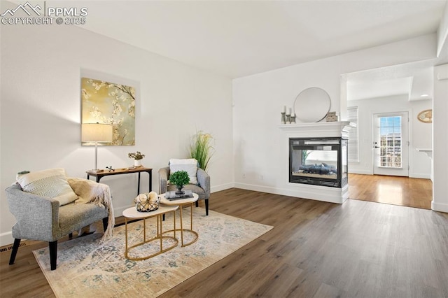 living area with a multi sided fireplace and hardwood / wood-style floors