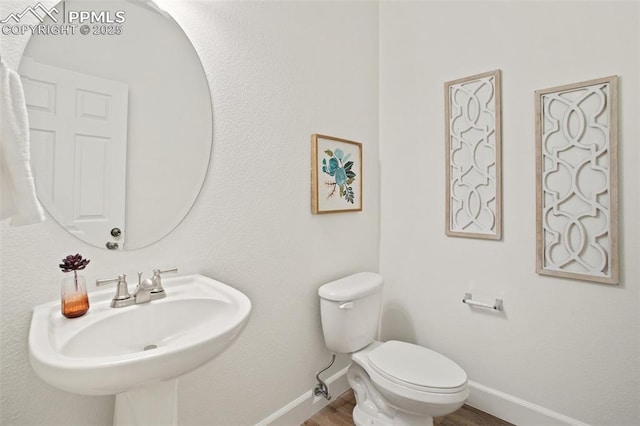 bathroom with wood-type flooring, toilet, and sink