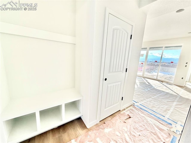 mudroom with wood finished floors and baseboards