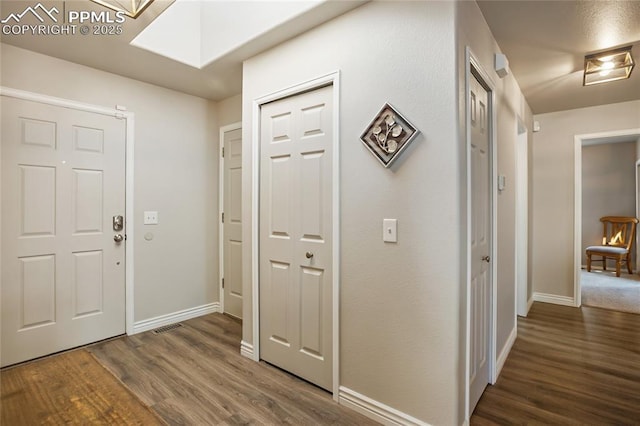 entryway with dark hardwood / wood-style floors and a skylight