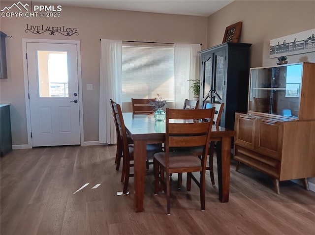 dining space with wood-type flooring