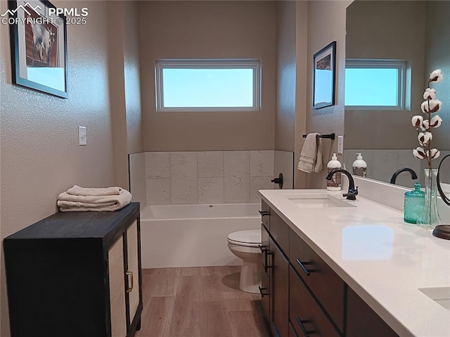 bathroom featuring vanity, a bathtub, wood-type flooring, and a healthy amount of sunlight