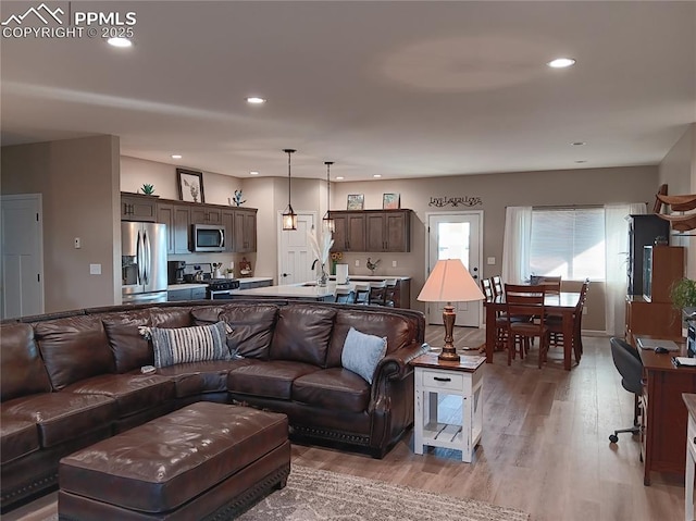 living room featuring sink and light hardwood / wood-style floors