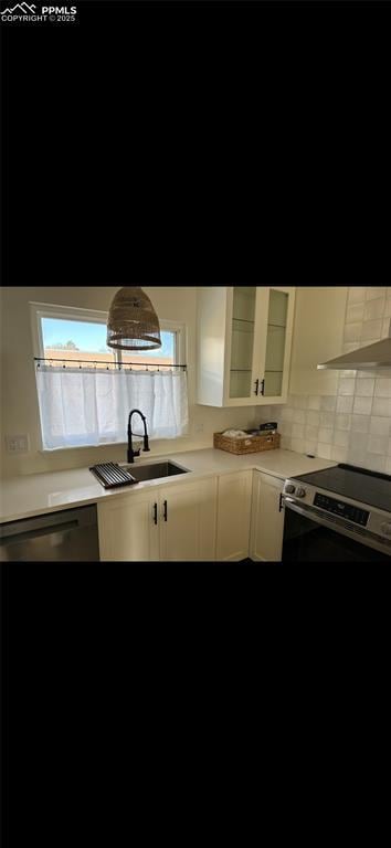 kitchen featuring sink, white cabinetry, backsplash, stainless steel appliances, and ventilation hood