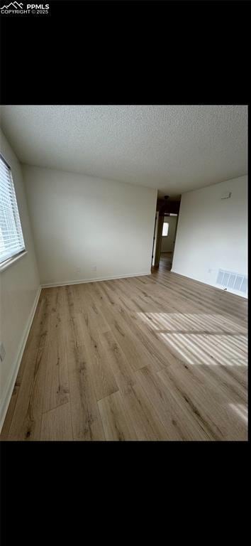 interior space featuring light hardwood / wood-style floors and a textured ceiling