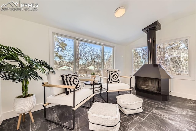 sitting room with vaulted ceiling and a wood stove