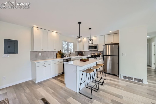 kitchen with white cabinetry, appliances with stainless steel finishes, electric panel, and a kitchen island