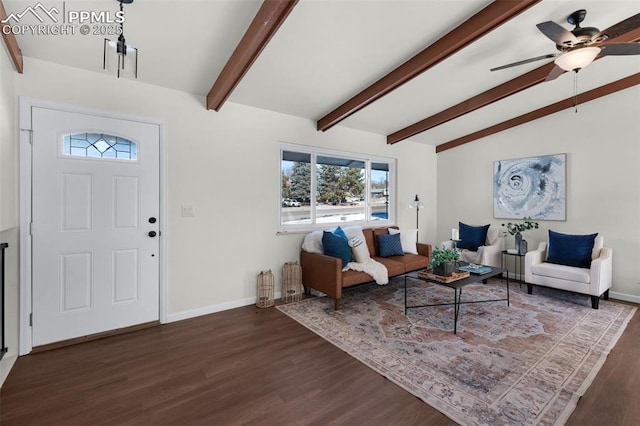 living room with lofted ceiling with beams, ceiling fan, and dark hardwood / wood-style flooring