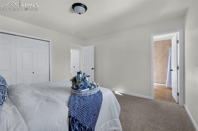 carpeted bedroom featuring a closet