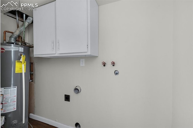 laundry room featuring cabinets, gas water heater, washer hookup, and hookup for an electric dryer