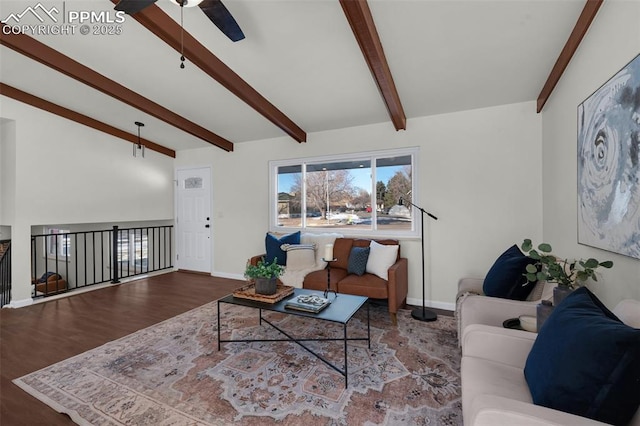 living room with lofted ceiling with beams, wood-type flooring, and ceiling fan