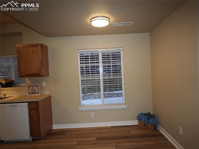 kitchen featuring dark hardwood / wood-style flooring, sink, and white dishwasher