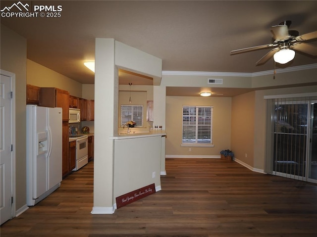 kitchen featuring sink, dark hardwood / wood-style flooring, ceiling fan, crown molding, and white appliances