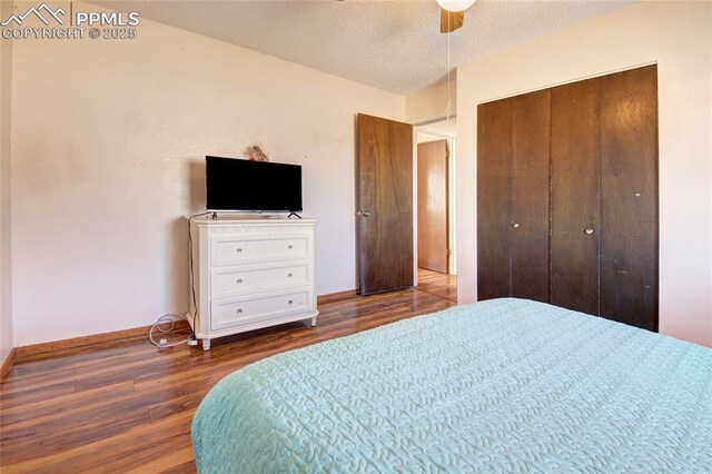369 G St, Penrose, CO 81240 - bedroom with ceiling fan, dark hardwood / wood-style floors, a textured ceiling, and a closet