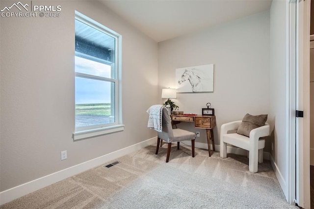 sitting room with light colored carpet