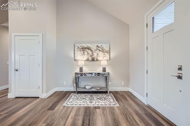 entrance foyer with dark hardwood / wood-style flooring and high vaulted ceiling