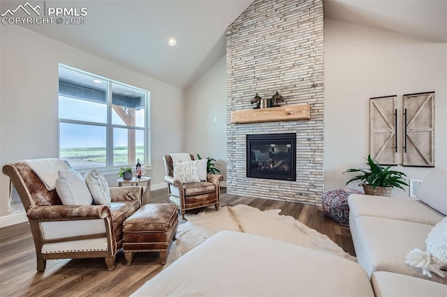 living room with wood-type flooring, high vaulted ceiling, and a fireplace