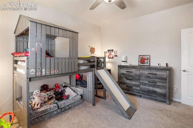 bedroom featuring light carpet and ceiling fan