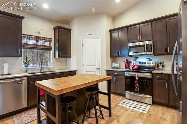 kitchen featuring butcher block countertops, sink, dark brown cabinets, stainless steel appliances, and light hardwood / wood-style floors