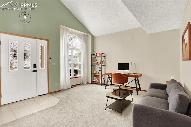 entrance foyer with light colored carpet, high vaulted ceiling, and a textured ceiling