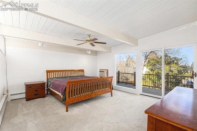 bedroom with a baseboard radiator, beam ceiling, light carpet, and access to outside