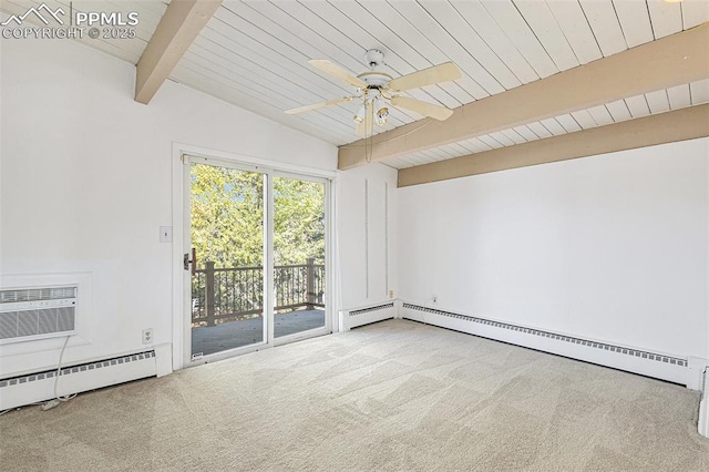 carpeted spare room featuring ceiling fan, a baseboard radiator, lofted ceiling with beams, and a wall unit AC