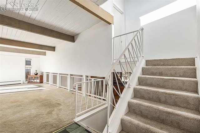 staircase featuring beam ceiling, carpet floors, wooden ceiling, and a baseboard radiator