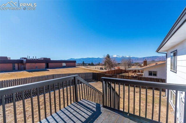 wooden terrace with a fenced backyard and a mountain view