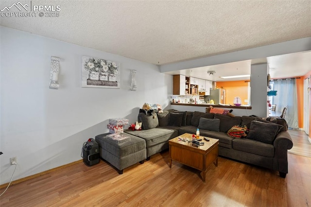 living room featuring light hardwood / wood-style flooring and a textured ceiling