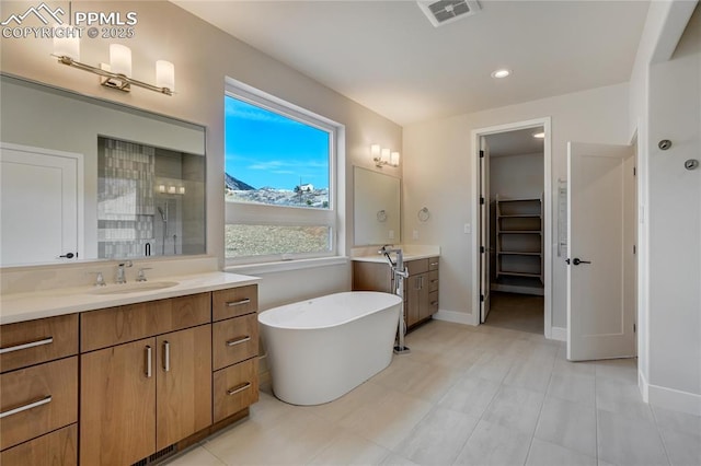 bathroom with shower with separate bathtub and vanity