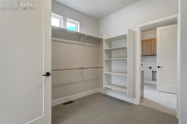 walk in closet featuring light colored carpet