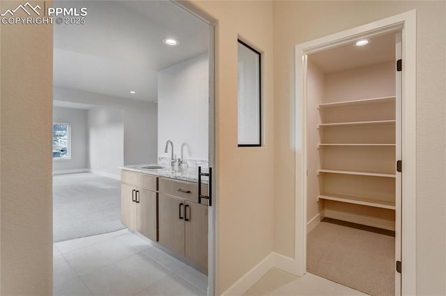 interior space featuring sink and light colored carpet