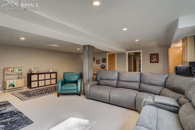 living room featuring light colored carpet