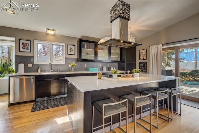 kitchen with sink, island exhaust hood, a center island, stainless steel dishwasher, and light hardwood / wood-style flooring