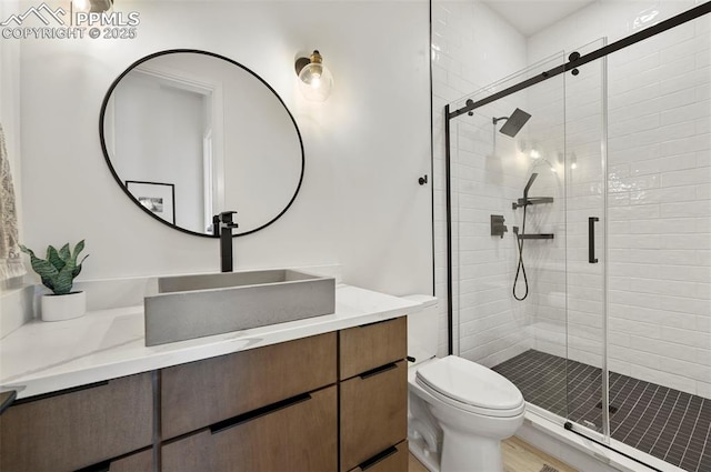 bathroom with vanity, a shower with shower door, and toilet