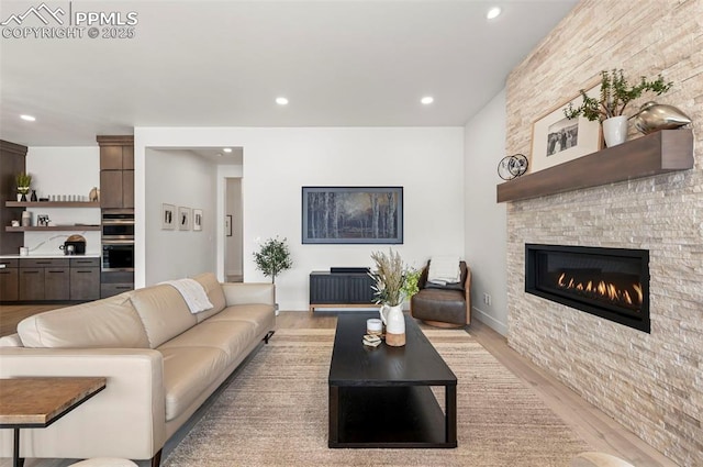 living room with a fireplace and light hardwood / wood-style floors