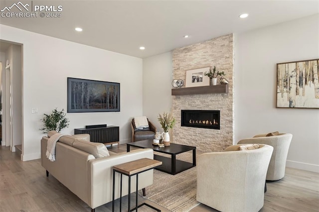 living room featuring a fireplace and light wood-type flooring