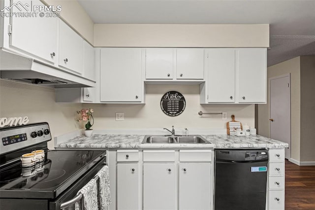 kitchen with electric stove, sink, white cabinets, and black dishwasher