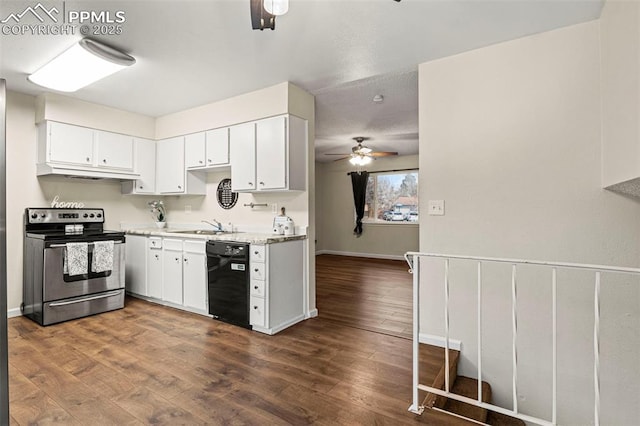 kitchen with electric stove, dark wood-type flooring, ceiling fan, dishwasher, and white cabinetry