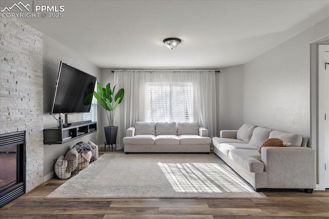 living room with hardwood / wood-style flooring and a fireplace