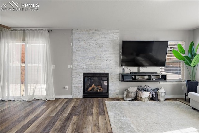 living room with a stone fireplace and hardwood / wood-style floors