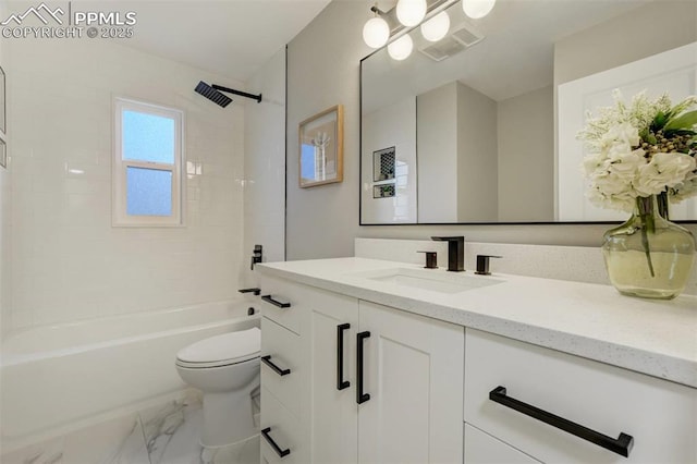 full bathroom featuring vanity, visible vents, tub / shower combination, toilet, and marble finish floor