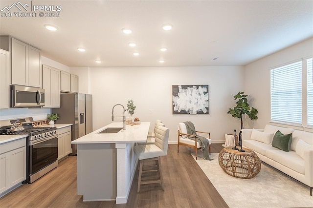 kitchen featuring appliances with stainless steel finishes, an island with sink, sink, a kitchen breakfast bar, and light wood-type flooring