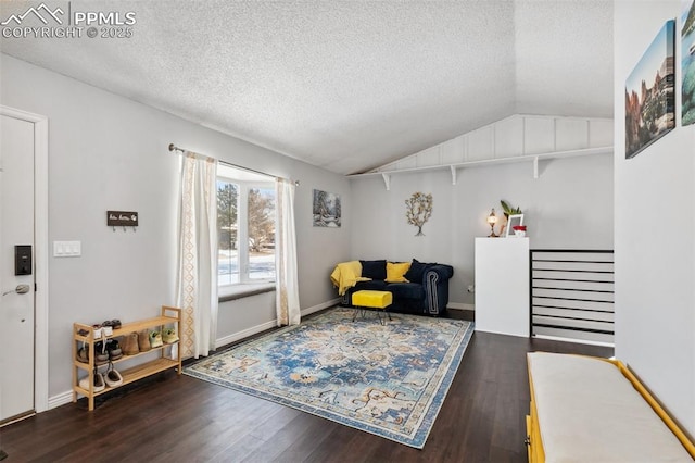 interior space featuring lofted ceiling, dark hardwood / wood-style flooring, and a textured ceiling