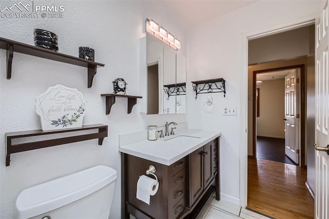 bathroom with vanity, toilet, and wood-type flooring